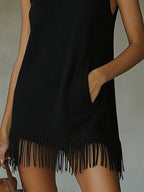 Olive Green Sleeveless Knit Mini Dress with Fringe Hem