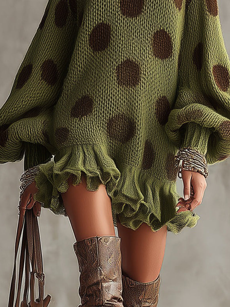 Green Polka Dot Oversized Knit Jumper Dress with Ruffled Hem