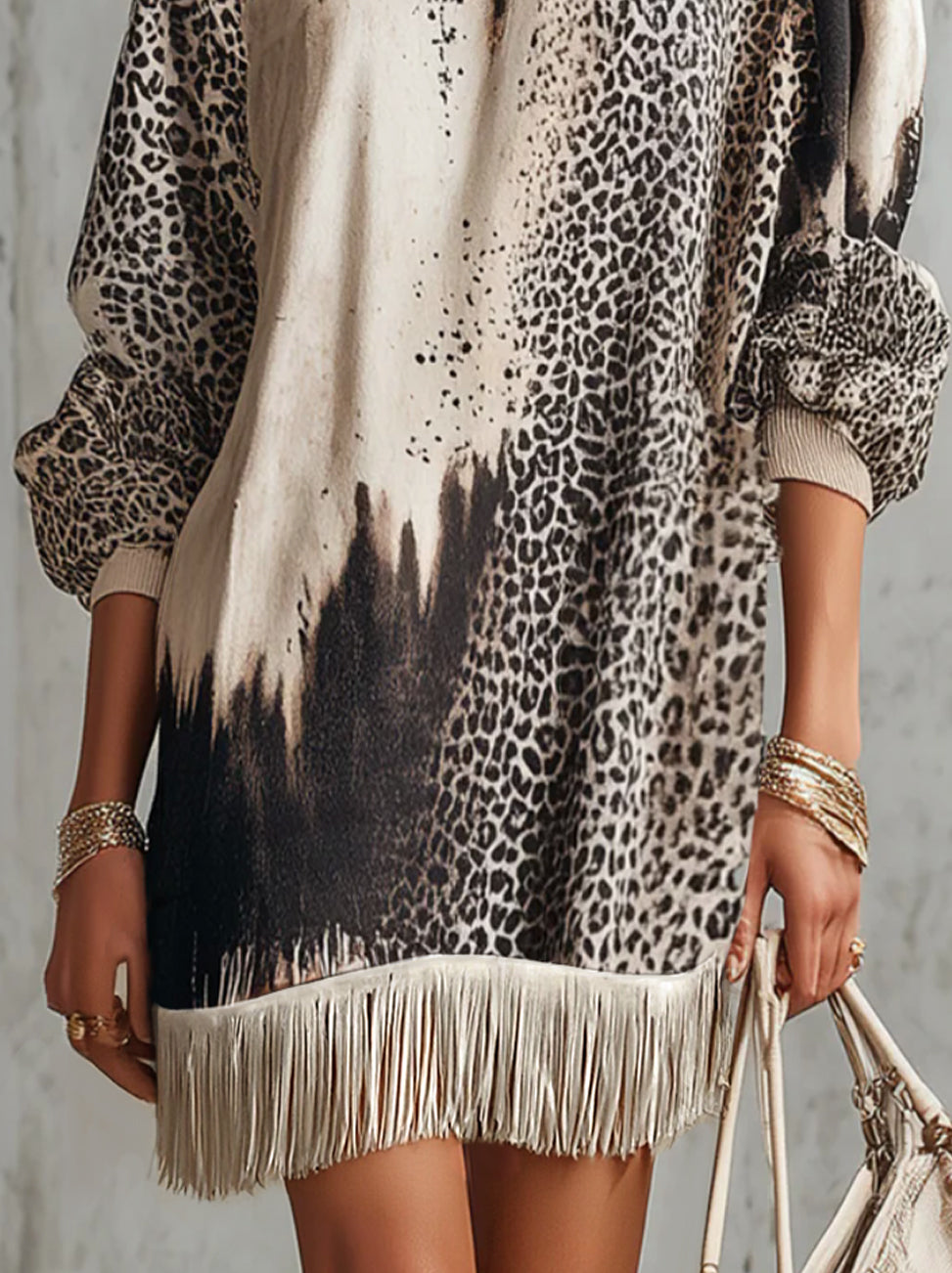 Grey Leopard Print Roll Neck Fringe Hem Faux Suede Dress