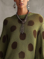 Green Polka Dot Oversized Knit Jumper Dress with Ruffled Hem