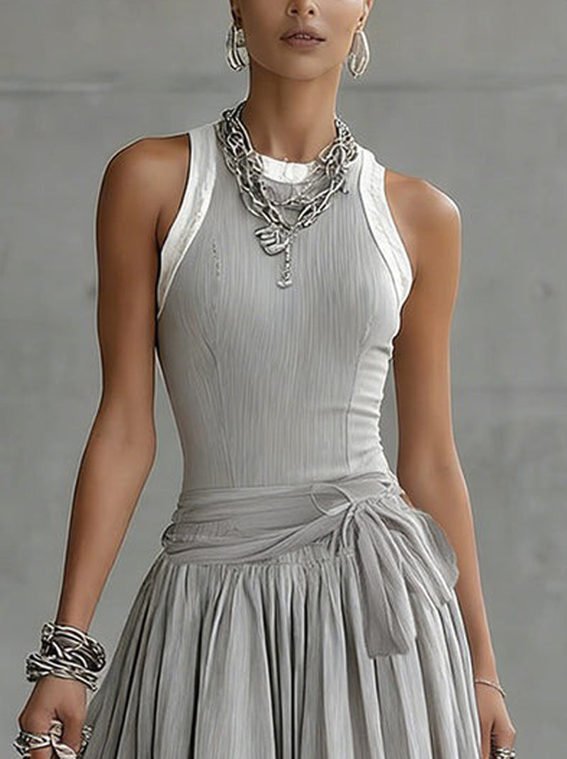 Grey Ribbed Tank Bodice Draped Midi Dress