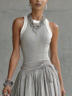 Grey Ribbed Tank Bodice Draped Midi Dress