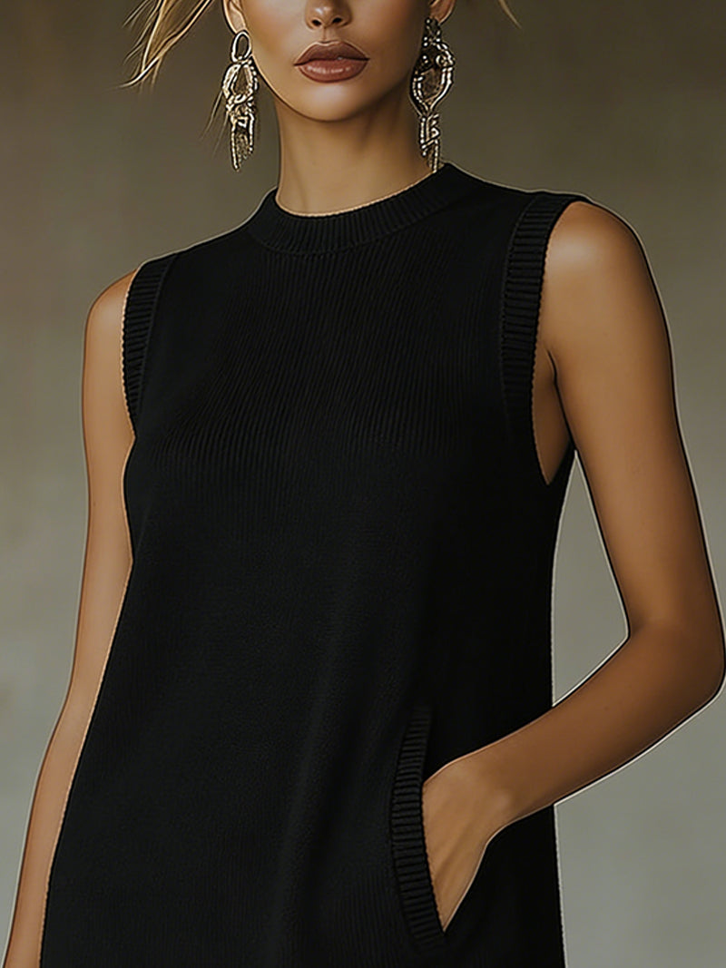 Olive Green Sleeveless Knit Mini Dress with Fringe Hem
