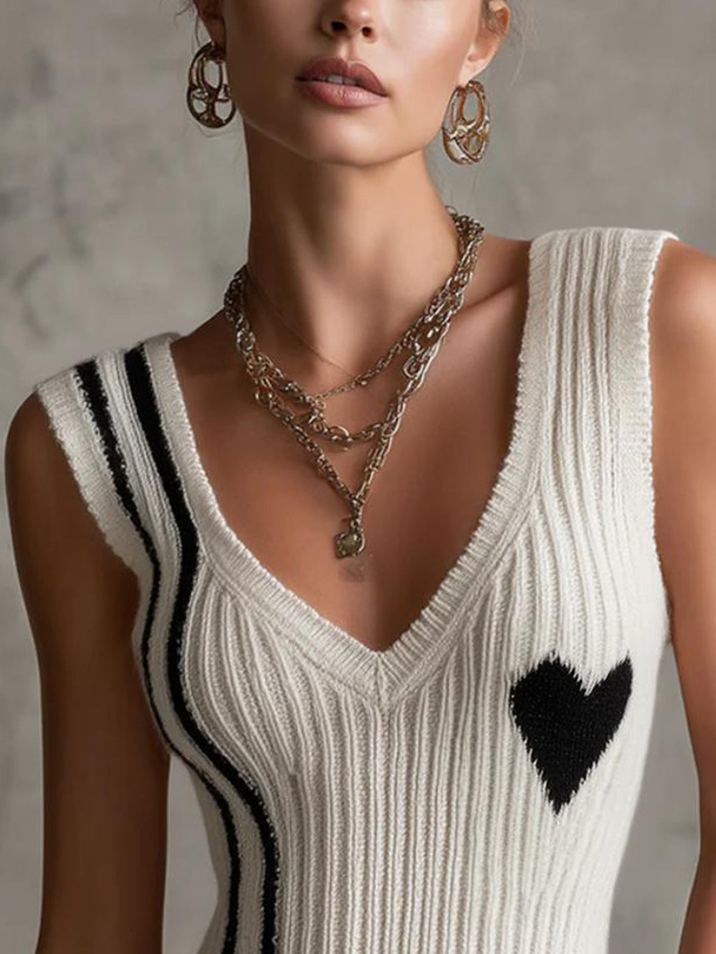 White Ribbed Knit Sleeveless Heart Pattern V-Neck Tank Top