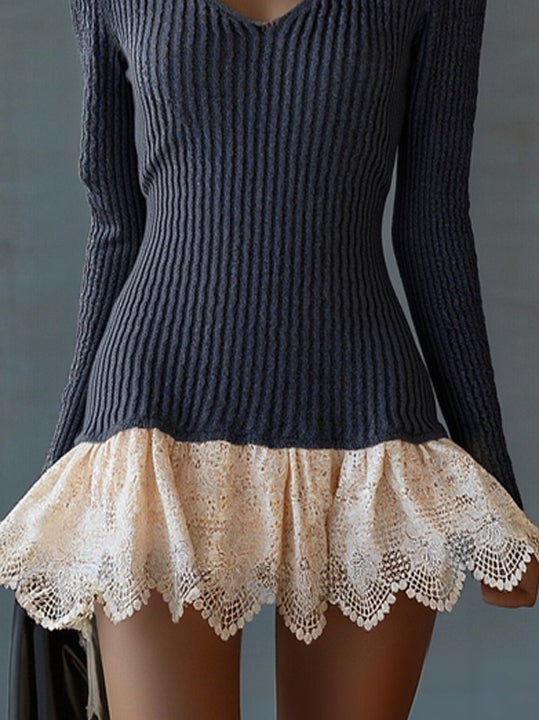 Black Chic Knit and Lace Contrast Dress