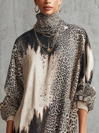 Grey Leopard Print Roll Neck Fringe Hem Faux Suede Dress