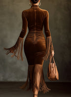 Brown Velvet Roll Neck Cutout Fringe Long Sleeve Bodycon Dress