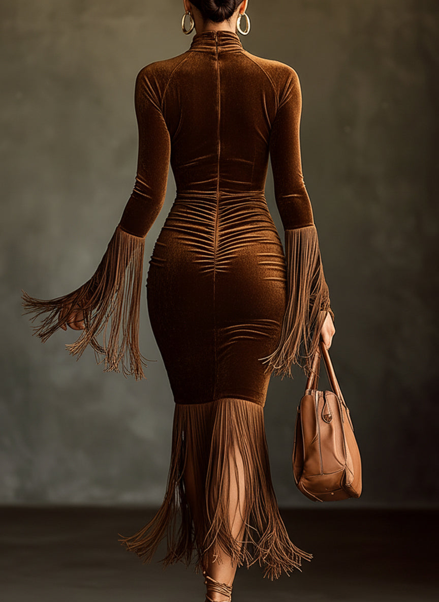 Brown Velvet Roll Neck Cutout Fringe Long Sleeve Bodycon Dress