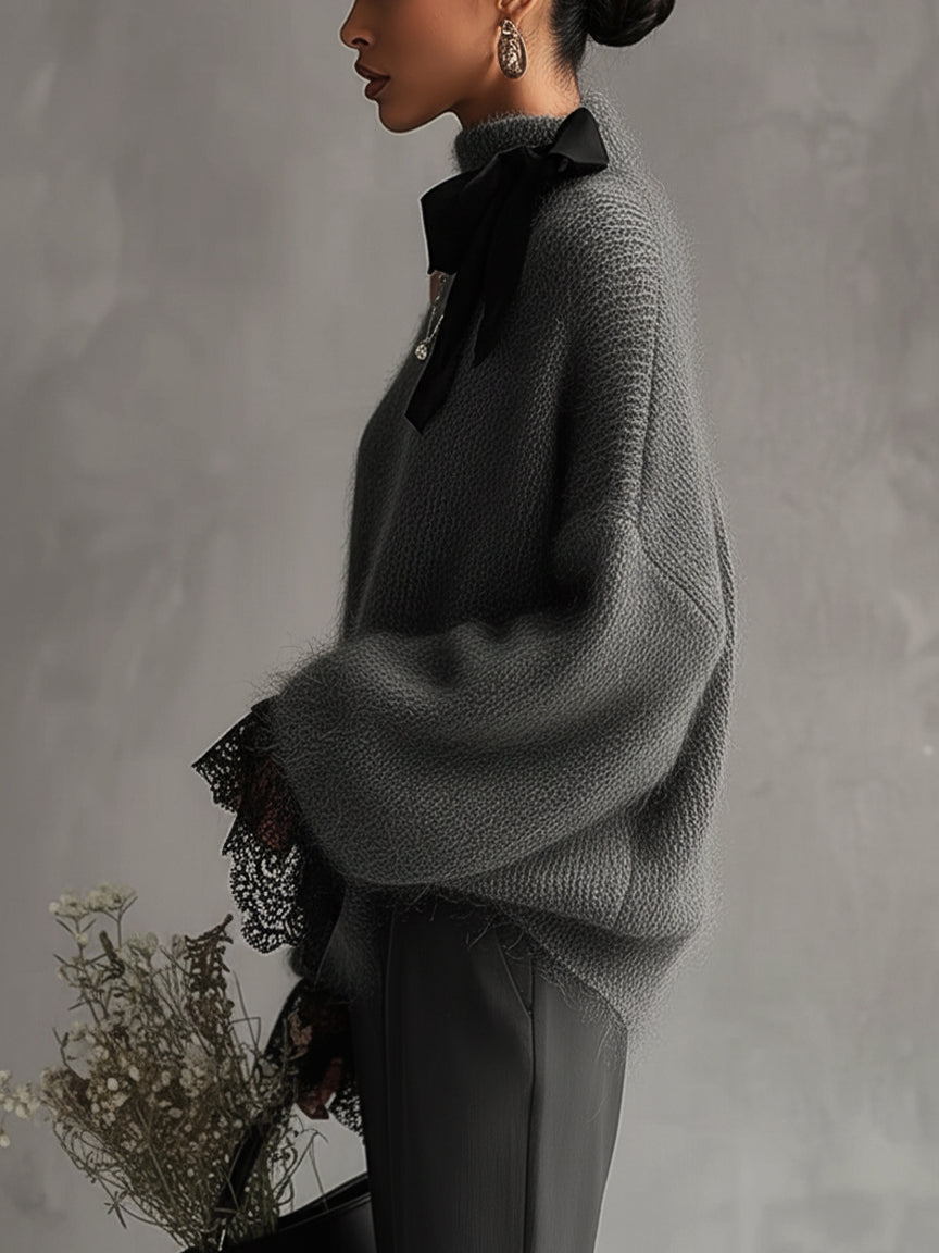 Grey Mohair Knit Jumper with Lace Cuffs