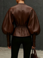 Brown Faux Leather Jacket with Balloon Sleeves