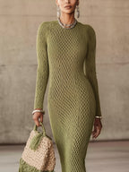 Olive Green Knit Fringe Hem Bodycon Maxi Dress