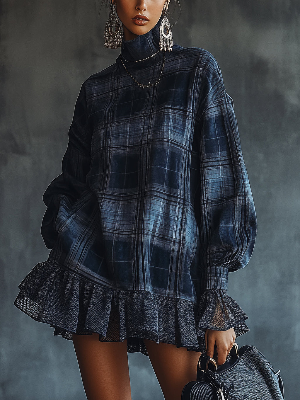 Midnight Check Ruffle Hem Roll Neck Dress
