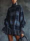 Midnight Check Ruffle Hem Roll Neck Dress