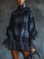 Midnight Check Ruffle Hem Roll Neck Dress