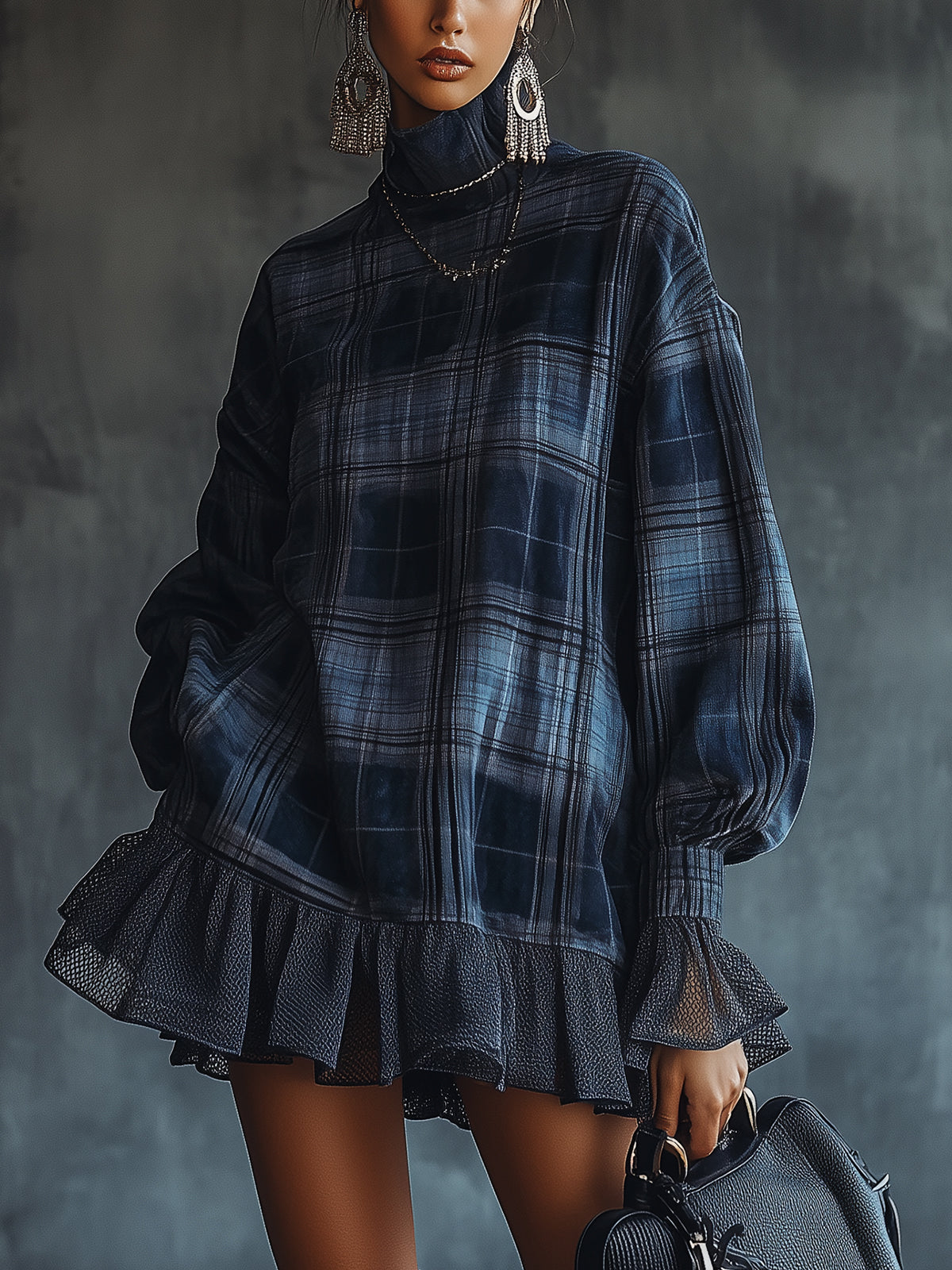 Midnight Check Ruffle Hem Roll Neck Dress