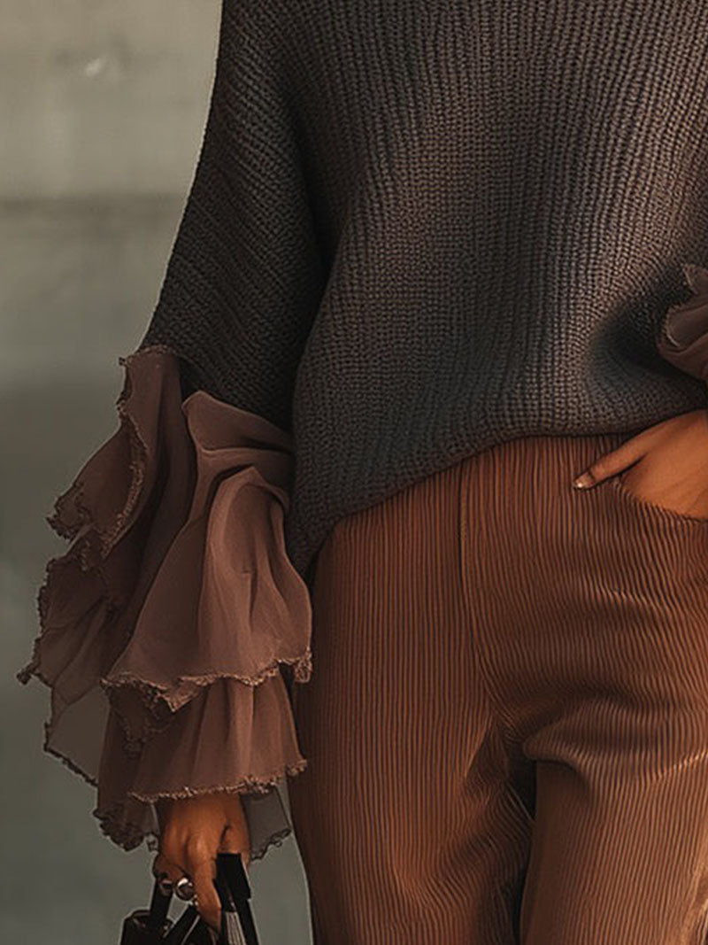 Grey Ruffle Sleeve Roll Neck Jumper