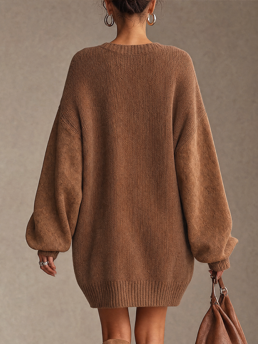 Brown V‑Neck Mixed‑Fabric Oversized Knit Mini Dress