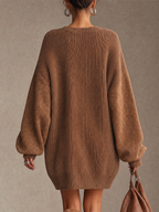 Brown V‑Neck Mixed‑Fabric Oversized Knit Mini Dress