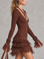 Brown Ribbed V-Neck Fringe with Woven Tape Trim Mini Dress