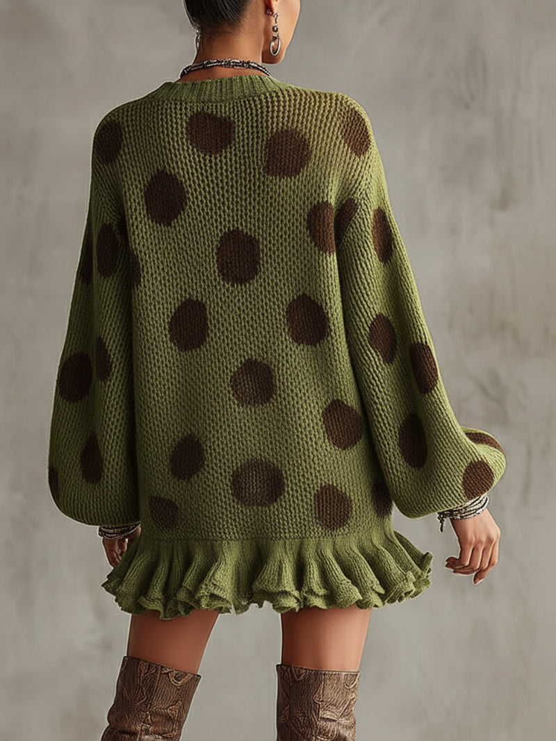 Green Polka Dot Oversized Knit Jumper Dress with Ruffled Hem