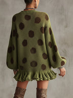 Green Polka Dot Oversized Knit Jumper Dress with Ruffled Hem