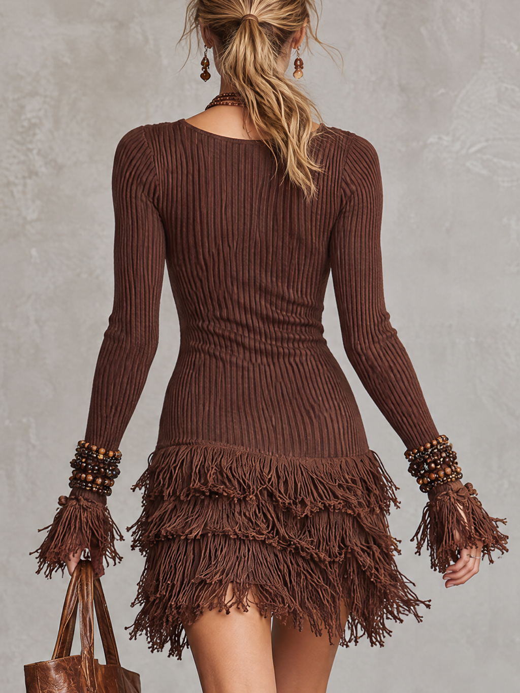 Brown Ribbed V-Neck Fringe with Woven Tape Trim Mini Dress