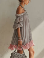Grey Chiffon Off Shoulder Mini Dress with Pink Hem