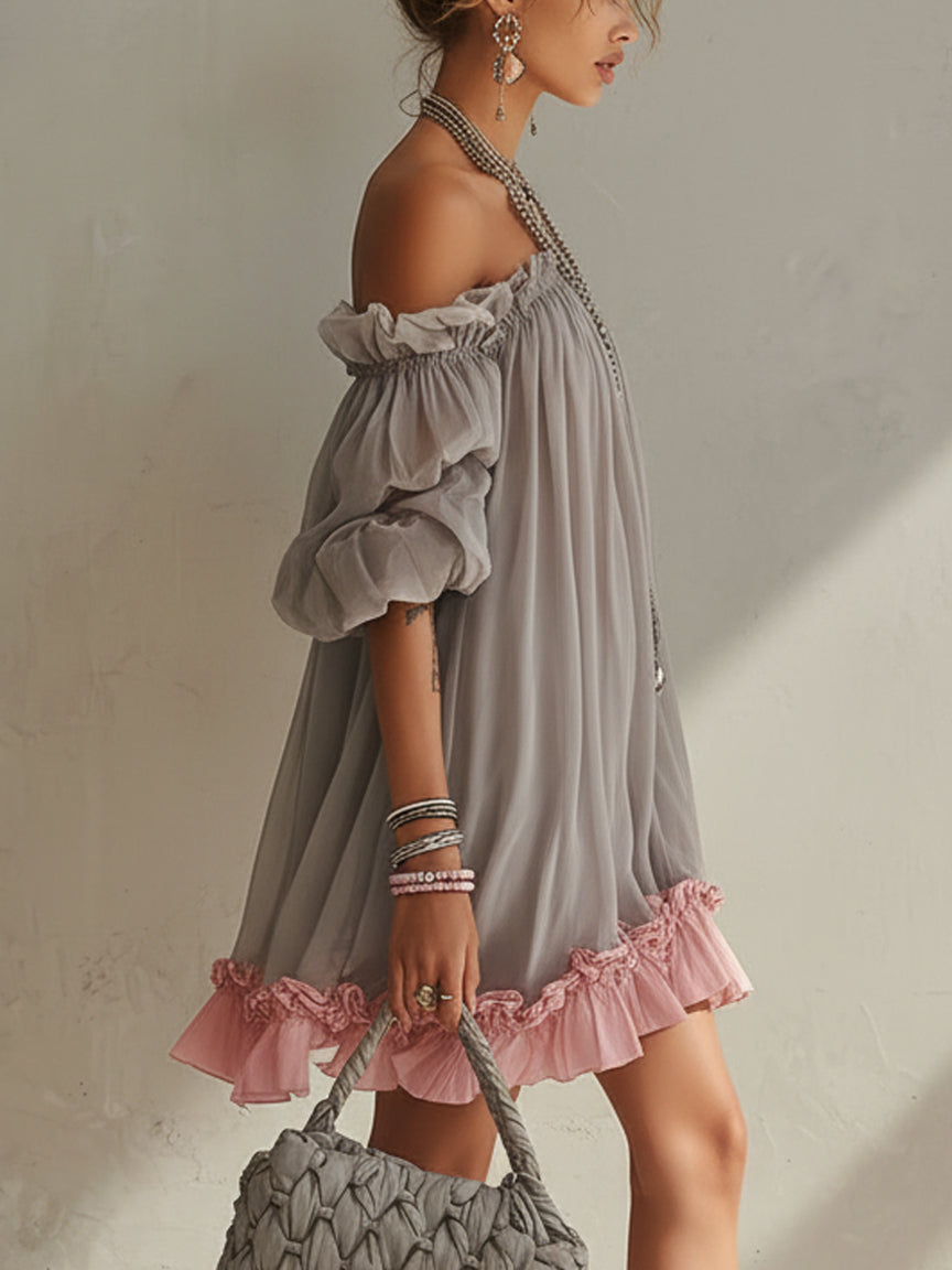 Grey Chiffon Off Shoulder Mini Dress with Pink Hem