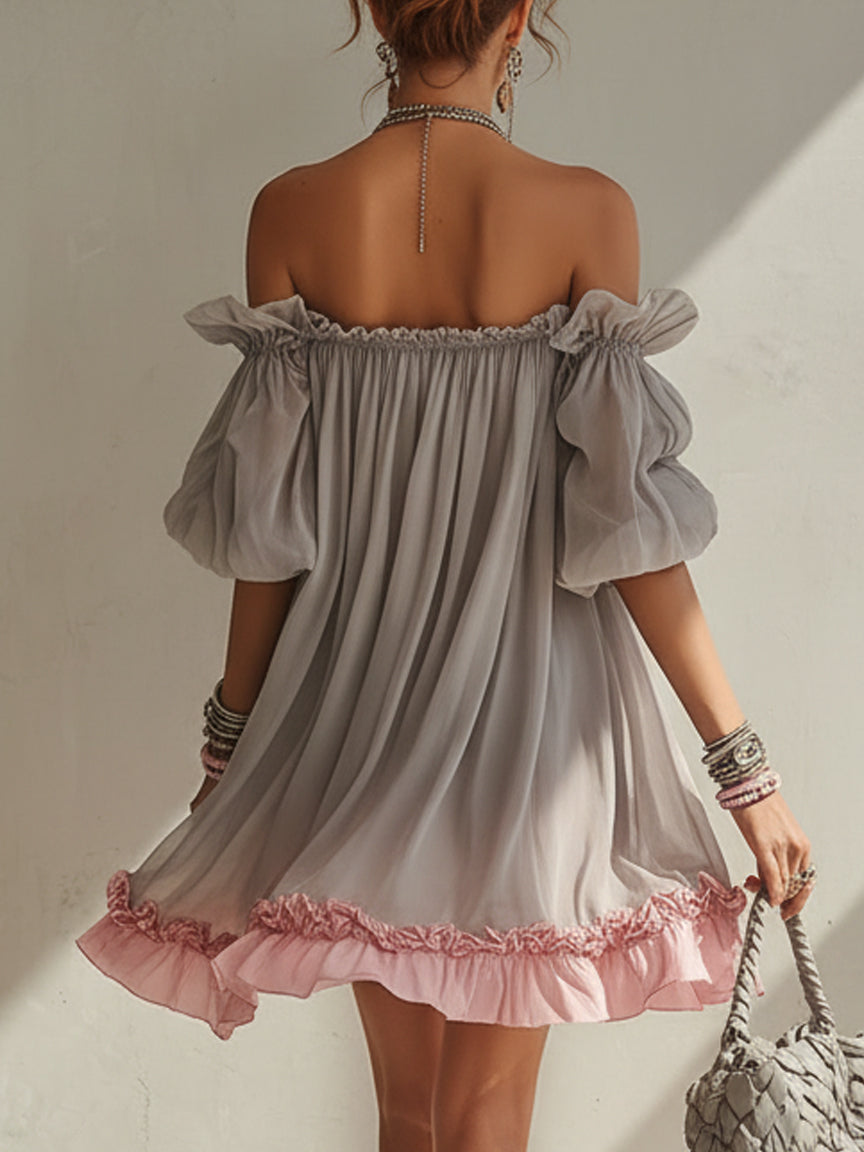 Grey Chiffon Off Shoulder Mini Dress with Pink Hem