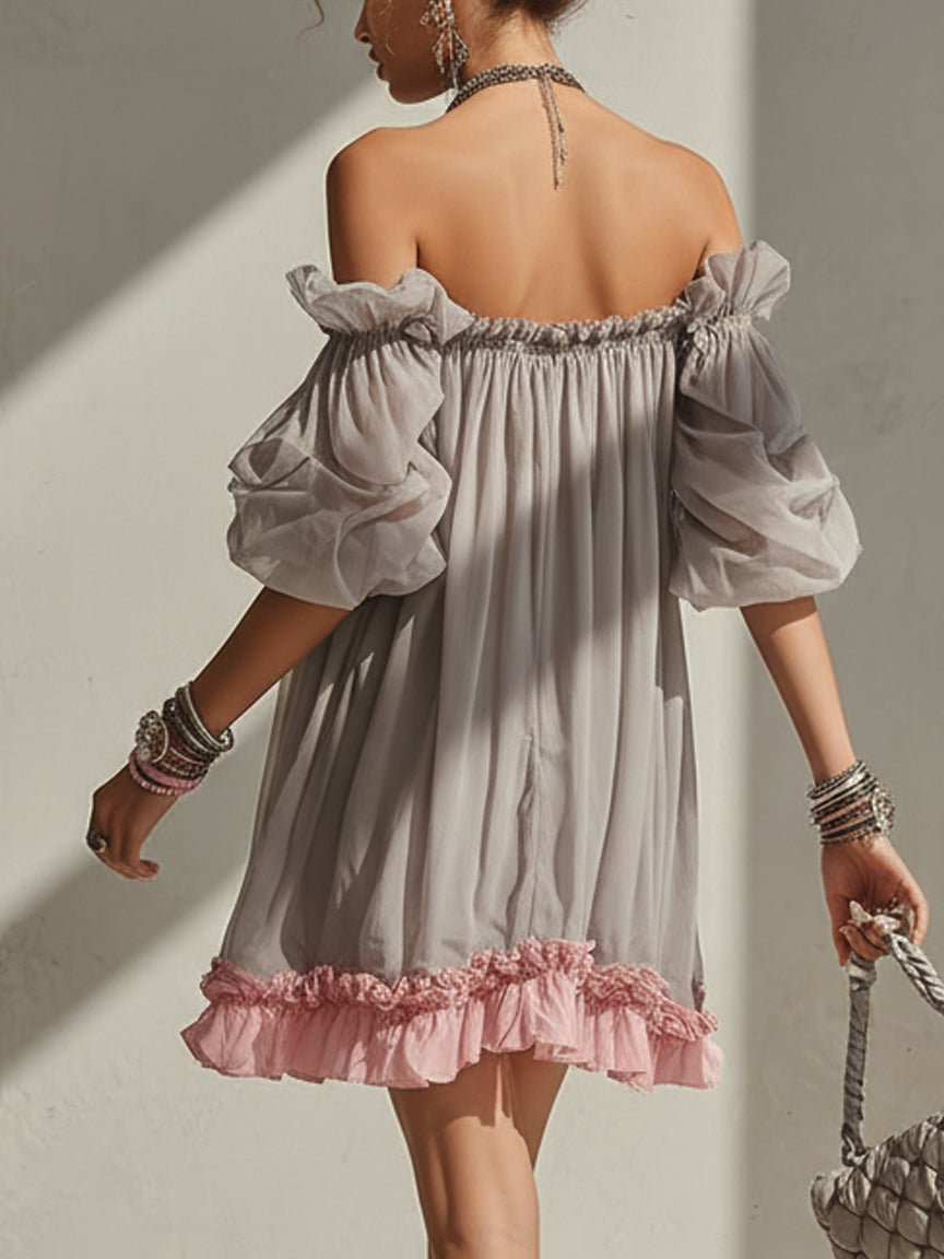 Grey Chiffon Off Shoulder Mini Dress with Pink Hem