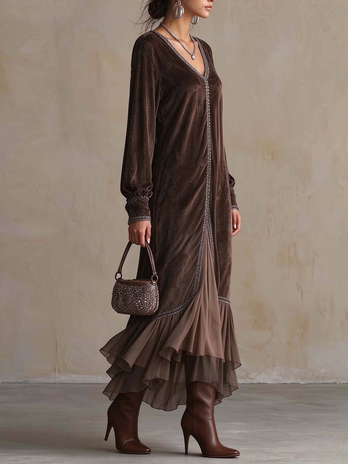 Chocolate Brown Velvet Maxi Dress with Shimmer Trim and Chiffon Ruffle Hem