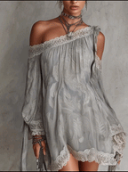 Light Grey Paisley Print Chiffon One Shoulder Lace Trim Mini Dress