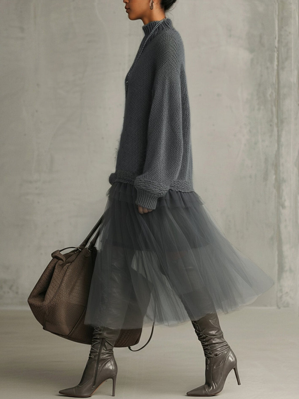 Grey Mohair and Tulle Panel Maxi Dress
