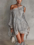 Light Grey Paisley Print Chiffon One Shoulder Lace Trim Mini Dress