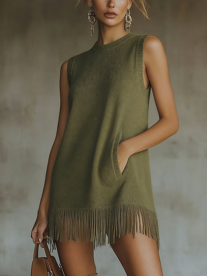 Olive Green Sleeveless Knit Mini Dress with Fringe Hem
