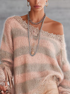 Pink and Taupe Striped Mohair Jumper with Lace Trim