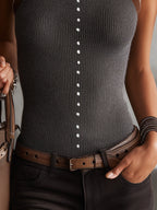Grey Ribbed Knit Sleeveless Tank Top with Pearl Button Detailing
