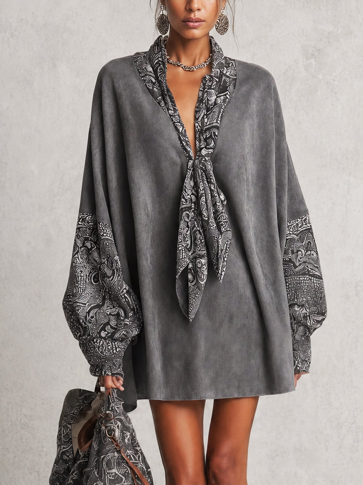 Grey Suede Print Mini Dress