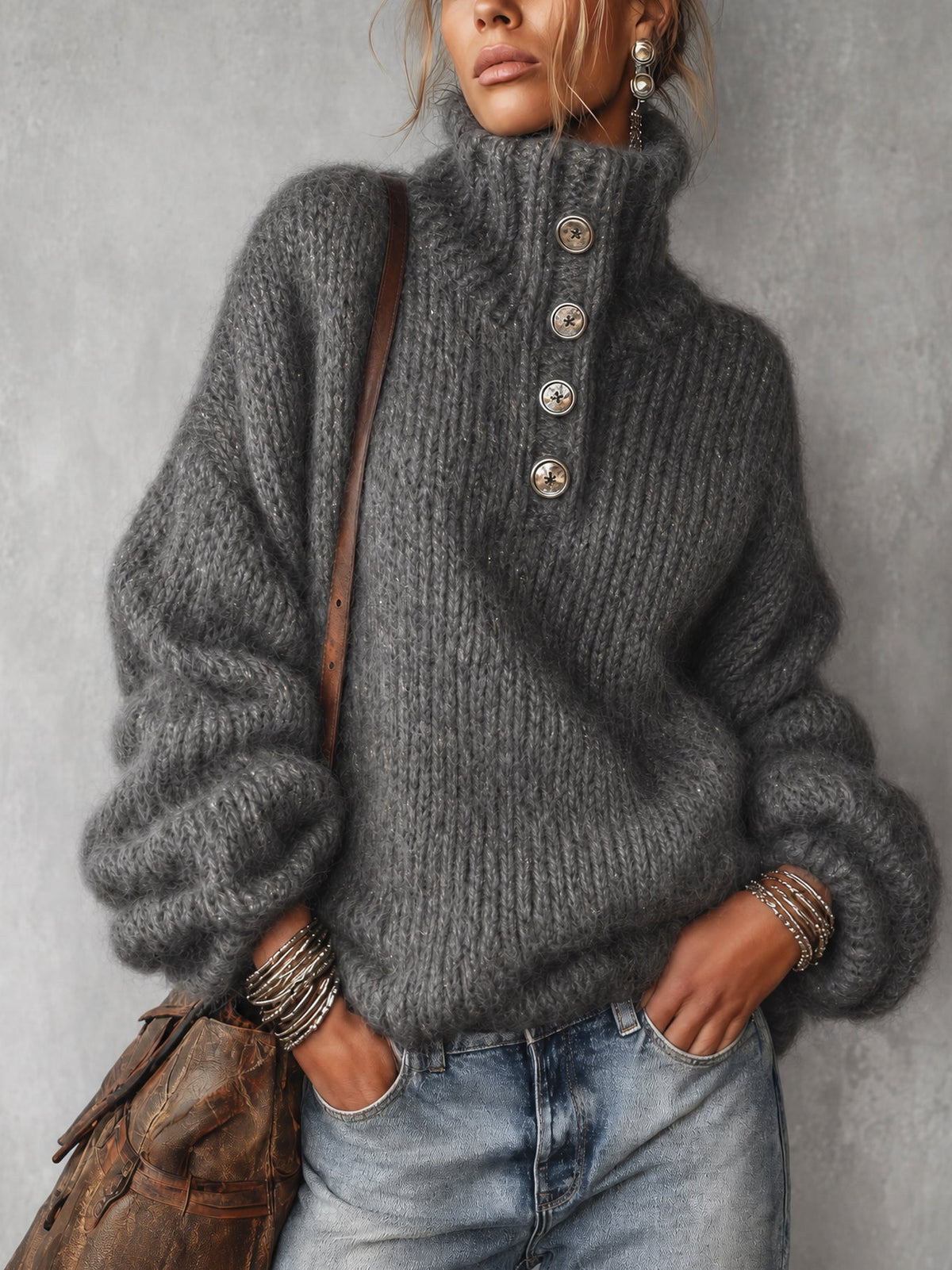 Charcoal Grey Metallic Thread Button Detail Oversized Jumper
