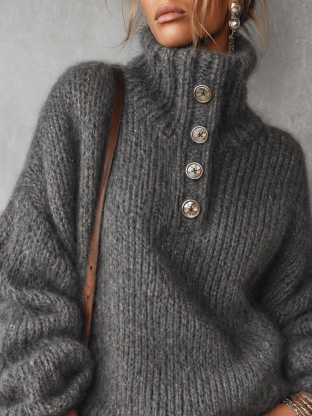 Charcoal Grey Metallic Thread Button Detail Oversized Jumper