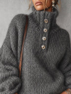 Charcoal Grey Metallic Thread Button Detail Oversized Jumper