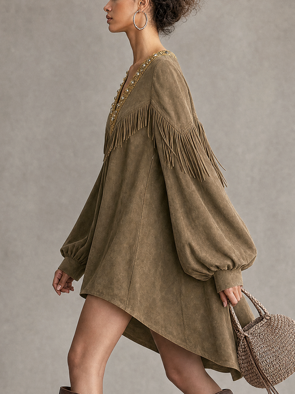 Olive Faux Suede V-Neck Fringe Embellished Balloon Sleeve Mini Dress