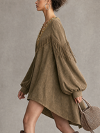 Olive Faux Suede V-Neck Fringe Embellished Balloon Sleeve Mini Dress