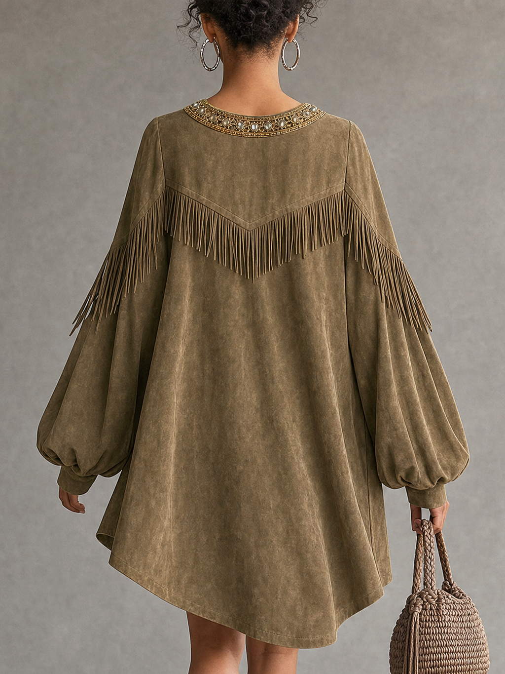 Olive Faux Suede V-Neck Fringe Embellished Balloon Sleeve Mini Dress