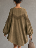 Olive Faux Suede V-Neck Fringe Embellished Balloon Sleeve Mini Dress