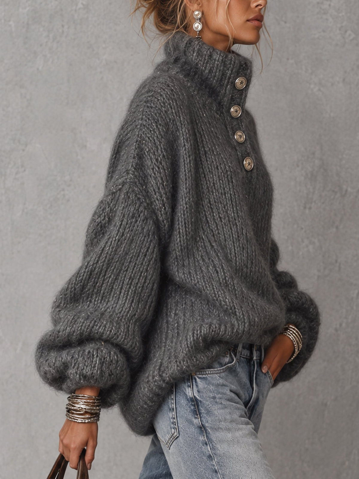 Charcoal Grey Metallic Thread Button Detail Oversized Jumper