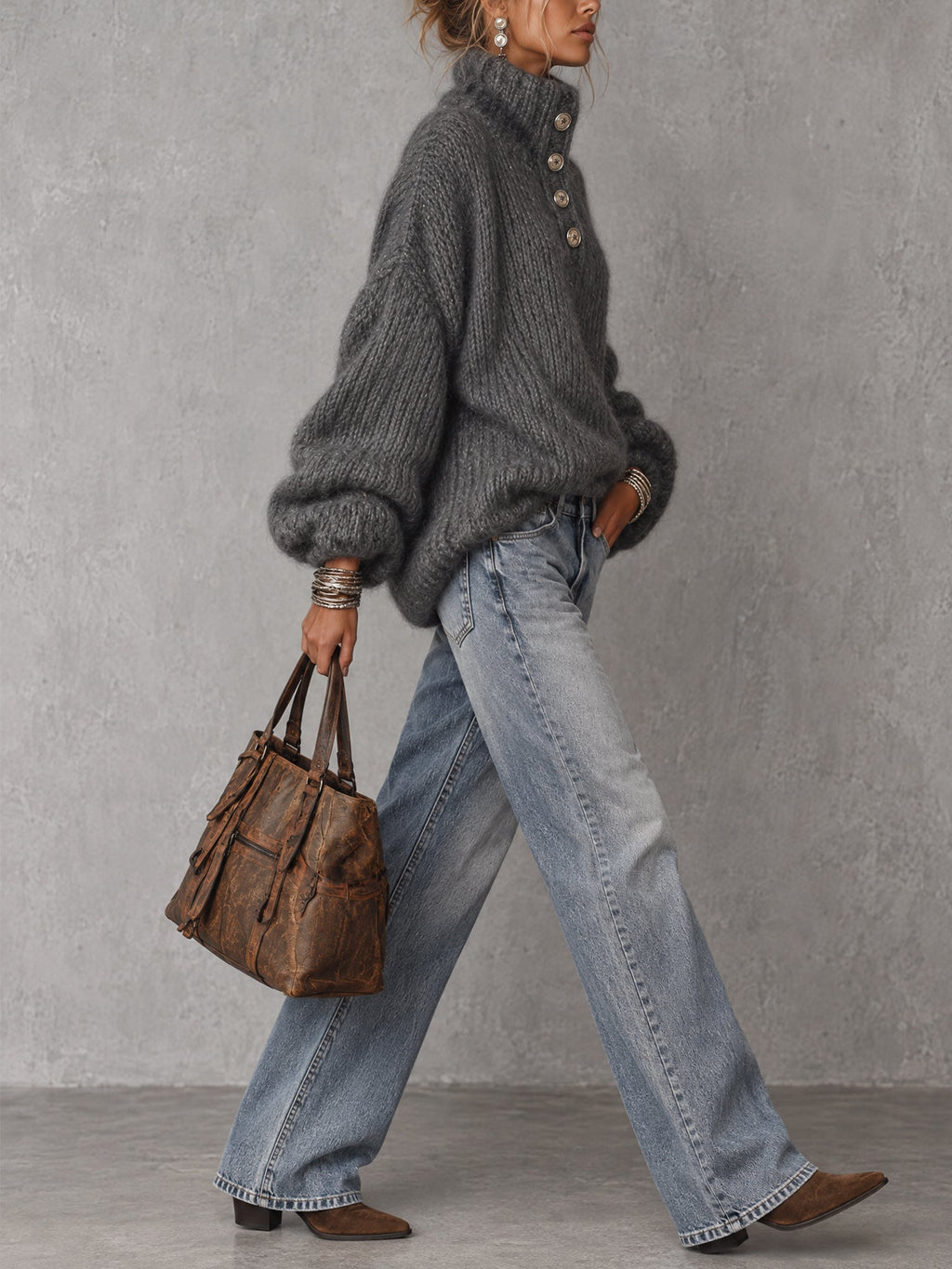 Charcoal Grey Metallic Thread Button Detail Oversized Jumper