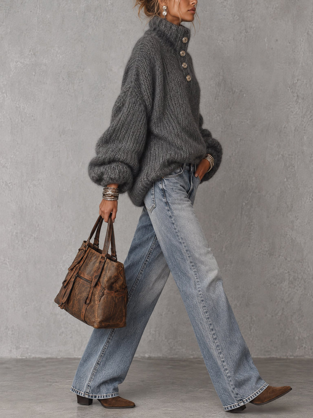 Charcoal Grey Metallic Thread Button Detail Oversized Jumper