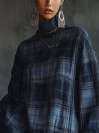 Midnight Check Ruffle Hem Roll Neck Dress