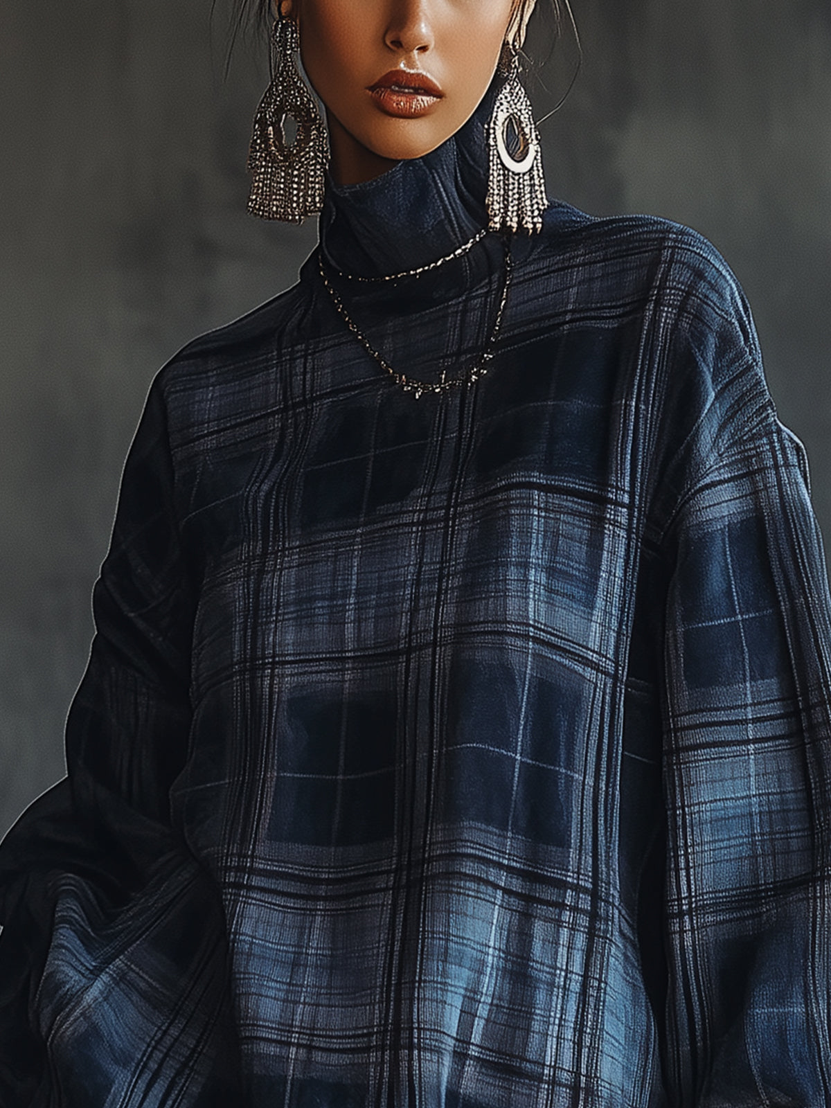 Midnight Check Ruffle Hem Roll Neck Dress